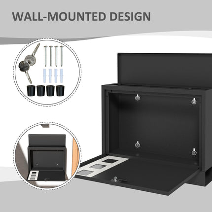 Wall Mounted Weatherproof Letterbox with 2 Keys & Viewing Windows - Black