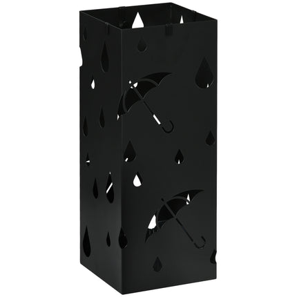Freestanding Square Umbrella Stand with 4 Hooks and Drip Tray for Hallway and Entryway - Dark Grey