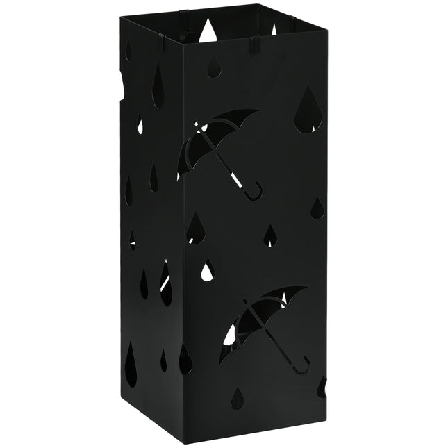 Freestanding Square Umbrella Stand with 4 Hooks and Drip Tray for Hallway and Entryway - Dark Grey