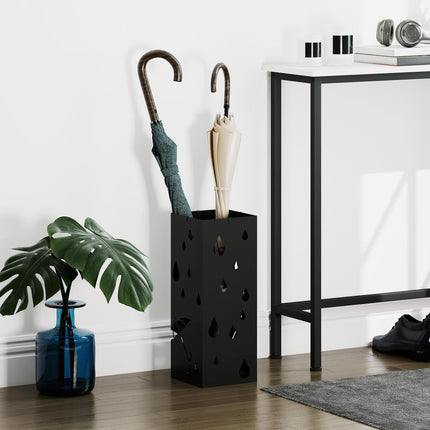 Freestanding Square Umbrella Stand with 4 Hooks and Drip Tray for Hallway and Entryway - Dark Grey