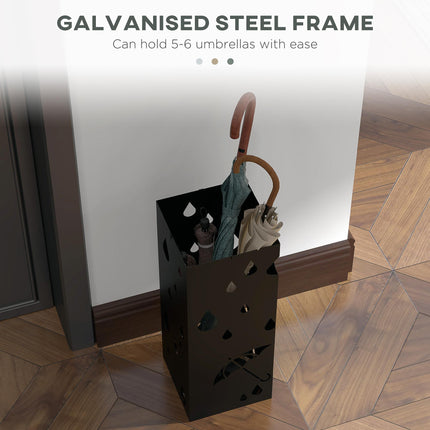 Freestanding Square Umbrella Stand with 4 Hooks and Drip Tray for Hallway and Entryway - Dark Grey