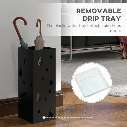Freestanding Square Umbrella Stand with 4 Hooks and Drip Tray for Hallway and Entryway - Dark Grey
