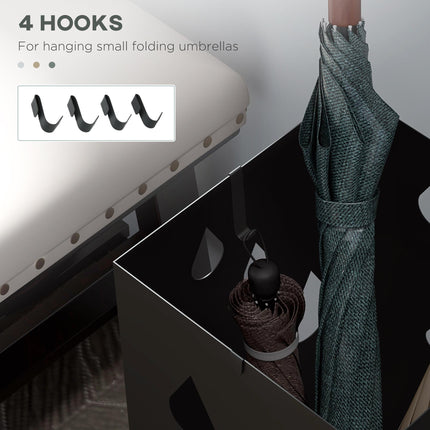Freestanding Square Umbrella Stand with 4 Hooks and Drip Tray for Hallway and Entryway - Dark Grey