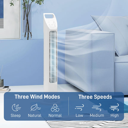 31" Oscillating Tower Fan with Remote, 4H Timer, 3 Speeds & Modes - White
