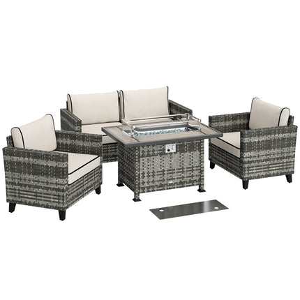 5-Piece Rattan Patio Furniture Set with Gas Fire Pit Table and Cushions - Grey