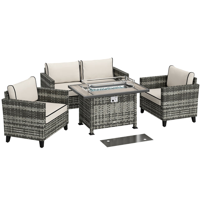 5-Piece Rattan Patio Furniture Set with Gas Fire Pit Table and Cushions - Grey