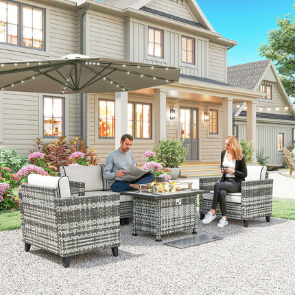5-Piece Rattan Patio Furniture Set with Gas Fire Pit Table and Cushions - Grey