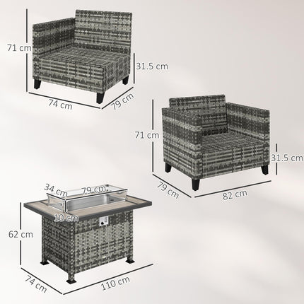 5-Piece Rattan Patio Furniture Set with Gas Fire Pit Table and Cushions - Grey