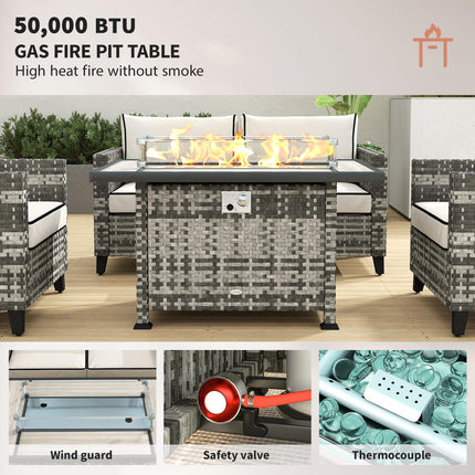 5-Piece Rattan Patio Furniture Set with Gas Fire Pit Table and Cushions - Grey