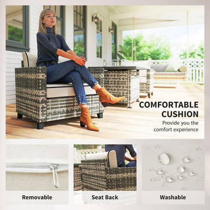 5-Piece Rattan Patio Furniture Set with Gas Fire Pit Table and Cushions - Grey