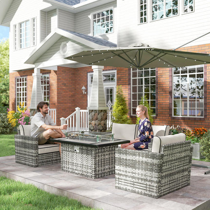 5-Piece Rattan Patio Furniture Set with Gas Fire Pit Table and Cushions - Grey