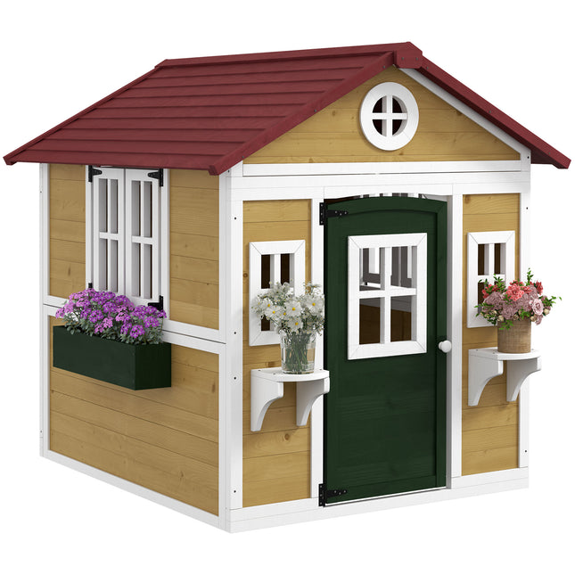 Wooden Playhouse with Doors, Windows, Plant Pots for Kids 3-8 Years - Beige