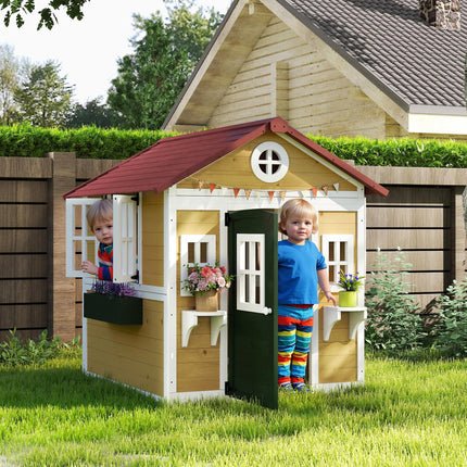 Wooden Playhouse with Doors, Windows, Plant Pots for Kids 3-8 Years - Beige