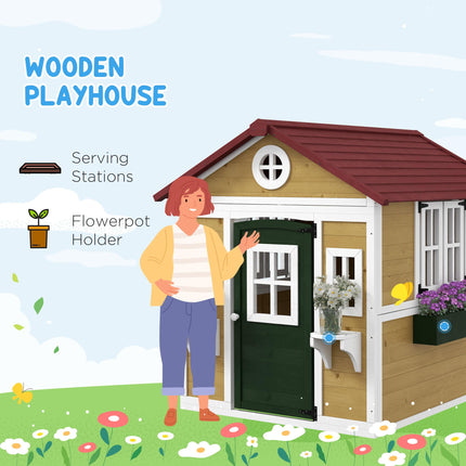 Wooden Playhouse with Doors, Windows, Plant Pots for Kids 3-8 Years - Beige