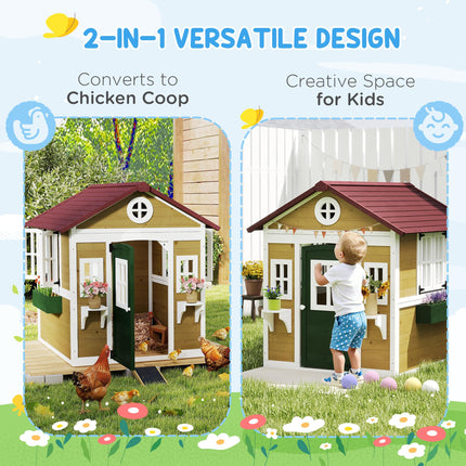 Wooden Playhouse with Doors, Windows, Plant Pots for Kids 3-8 Years - Beige