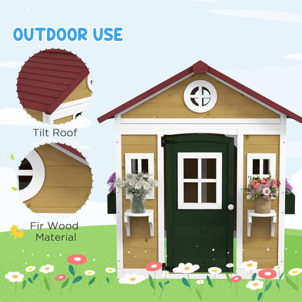 Wooden Playhouse with Doors, Windows, Plant Pots for Kids 3-8 Years - Beige