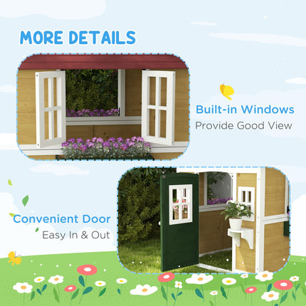 Wooden Playhouse with Doors, Windows, Plant Pots for Kids 3-8 Years - Beige