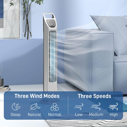 31" Oscillating Tower Fan with Remote, 4H Timer, 3 Speeds & Modes - Silver