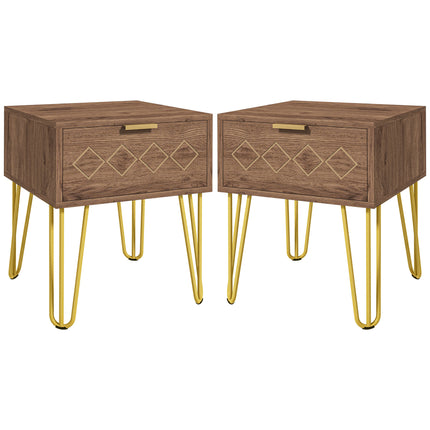 Set of 2 Modern Wooden Bedside Tables with Gold Tone Legs and Faded Wood Effect - Brown