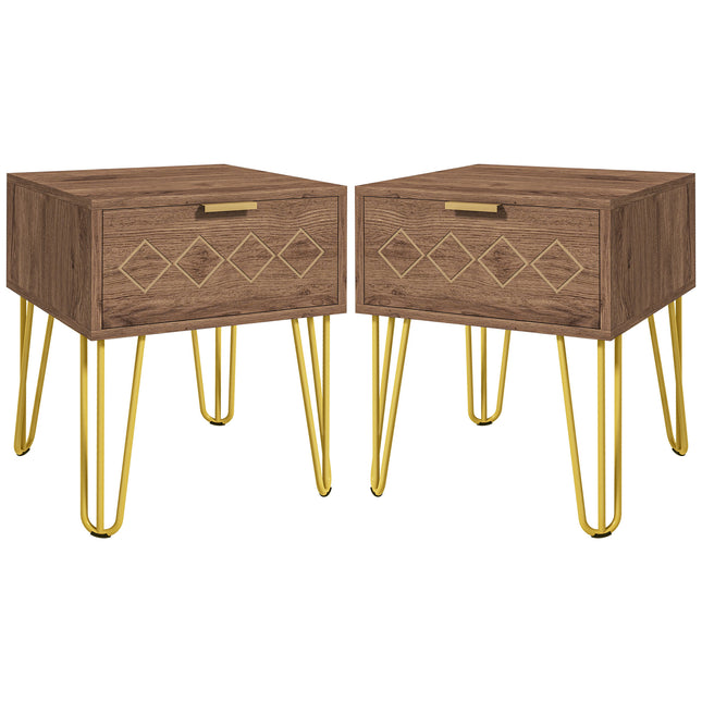 Set of 2 Modern Wooden Bedside Tables with Gold Tone Legs and Faded Wood Effect - Brown
