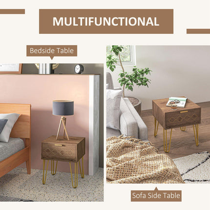 Set of 2 Modern Wooden Bedside Tables with Gold Tone Legs and Faded Wood Effect - Brown