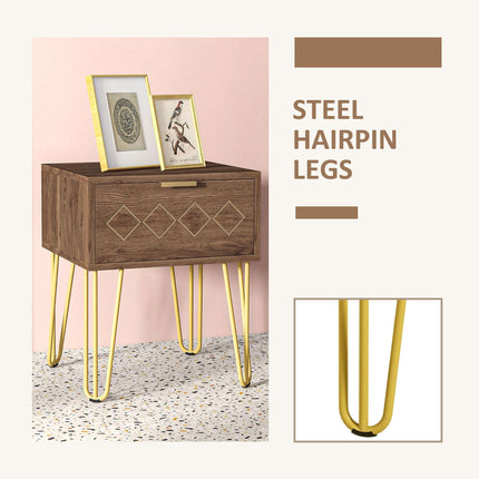Set of 2 Modern Wooden Bedside Tables with Gold Tone Legs and Faded Wood Effect - Brown