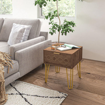Set of 2 Modern Wooden Bedside Tables with Gold Tone Legs and Faded Wood Effect - Brown