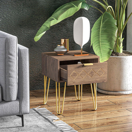 Set of 2 Modern Wooden Bedside Tables with Gold Tone Legs and Faded Wood Effect - Brown