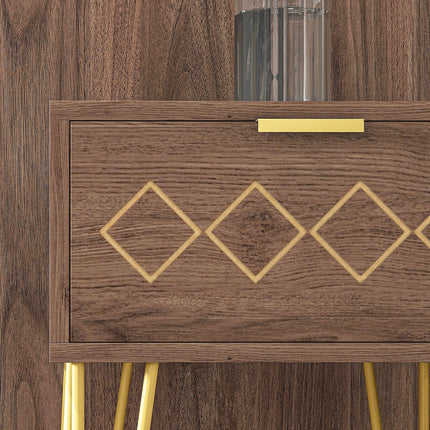 Set of 2 Modern Wooden Bedside Tables with Gold Tone Legs and Faded Wood Effect - Brown