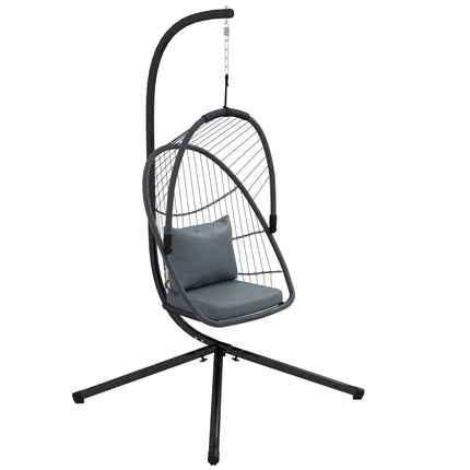 Foldable PE Rattan Swing Chair with Cushion and Metal Stand - Grey
