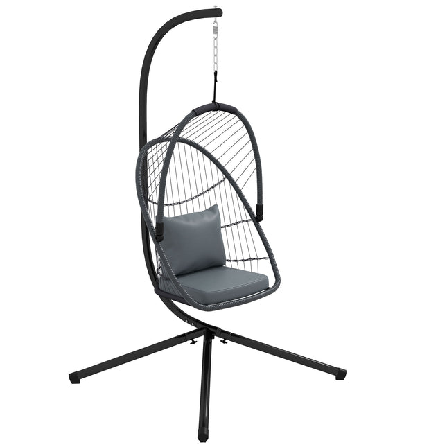 Foldable PE Rattan Swing Chair with Cushion and Metal Stand - Grey