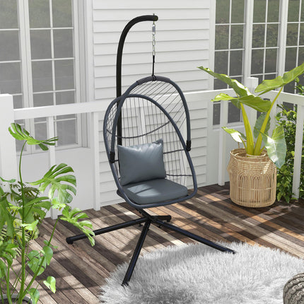 Foldable PE Rattan Swing Chair with Cushion and Metal Stand - Grey