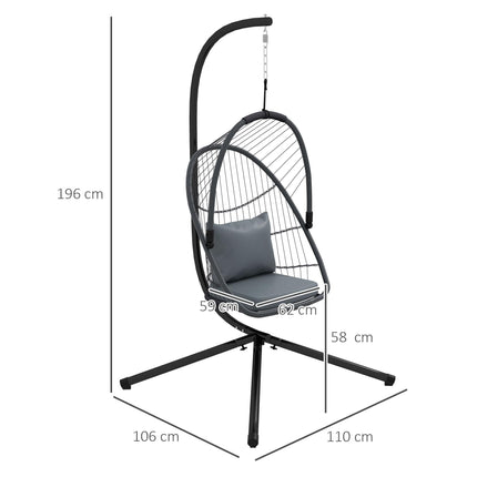 Foldable PE Rattan Swing Chair with Cushion and Metal Stand - Grey