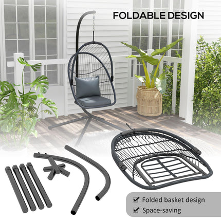 Foldable PE Rattan Swing Chair with Cushion and Metal Stand - Grey