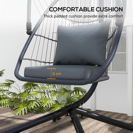 Foldable PE Rattan Swing Chair with Cushion and Metal Stand - Grey