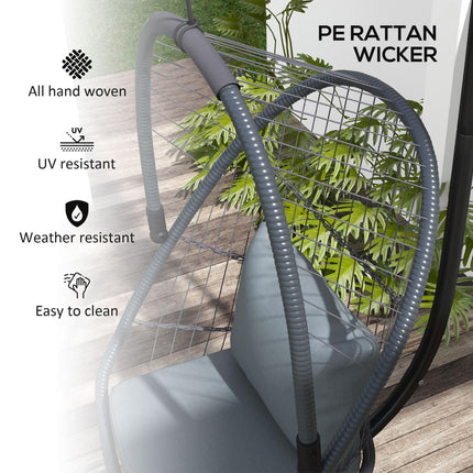 Foldable PE Rattan Swing Chair with Cushion and Metal Stand - Grey