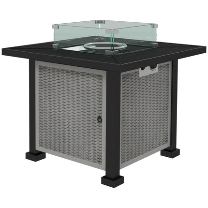 Square Gas Fire Pit Table with Smokeless Burner and Glass Screen - Grey
