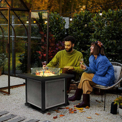 Square Gas Fire Pit Table with Smokeless Burner and Glass Screen - Grey