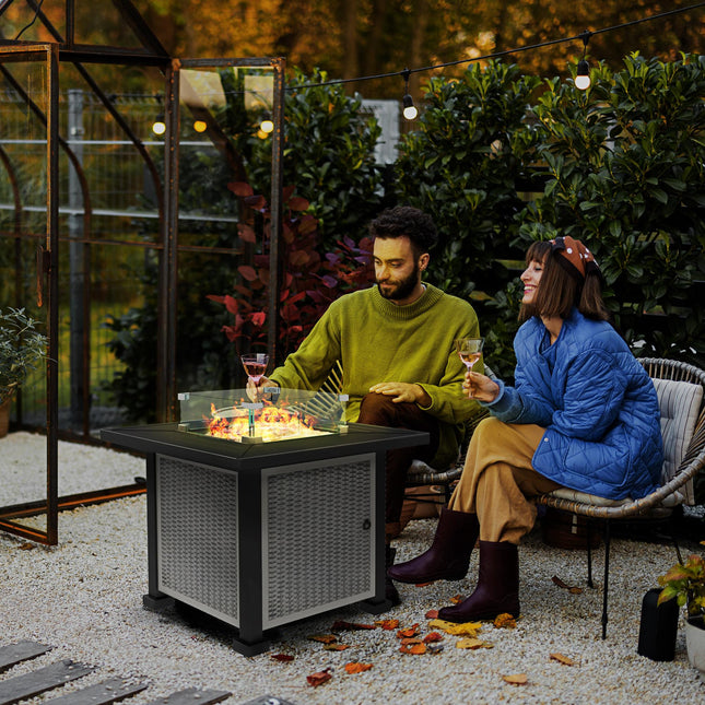 Square Gas Fire Pit Table with Smokeless Burner and Glass Screen - Grey
