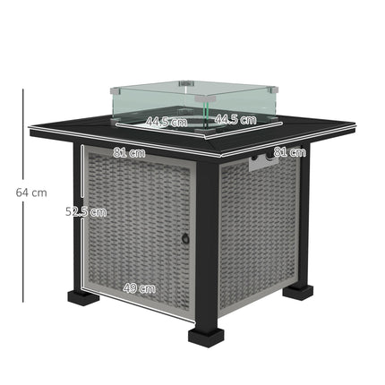 Square Gas Fire Pit Table with Smokeless Burner and Glass Screen - Grey