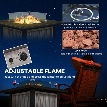 Square Gas Fire Pit Table with Smokeless Burner and Glass Screen - Grey