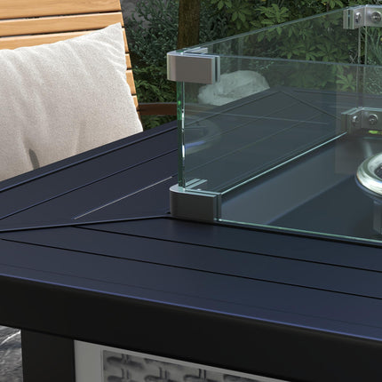 Square Gas Fire Pit Table with Smokeless Burner and Glass Screen - Grey