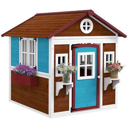 Wooden Kids Playhouse with Doors, Windows, Plant Pots & Boxes for Ages 3-8 - Dark Brown