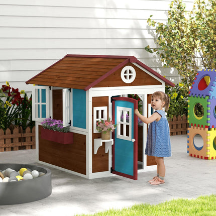 Wooden Kids Playhouse with Doors, Windows, Plant Pots & Boxes for Ages 3-8 - Dark Brown