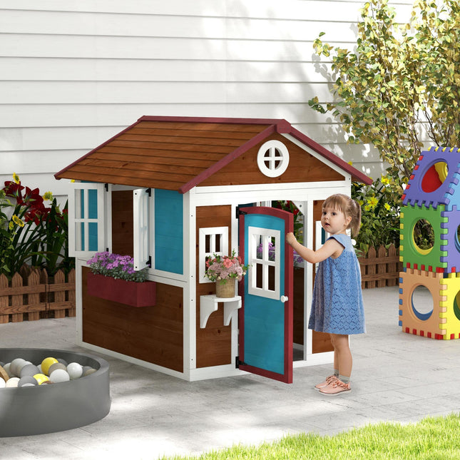Wooden Kids Playhouse with Doors, Windows, Plant Pots & Boxes for Ages 3-8 - Dark Brown