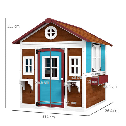 Wooden Kids Playhouse with Doors, Windows, Plant Pots & Boxes for Ages 3-8 - Dark Brown
