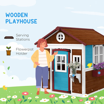 Wooden Kids Playhouse with Doors, Windows, Plant Pots & Boxes for Ages 3-8 - Dark Brown