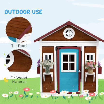 Wooden Kids Playhouse with Doors, Windows, Plant Pots & Boxes for Ages 3-8 - Dark Brown