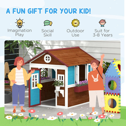 Wooden Kids Playhouse with Doors, Windows, Plant Pots & Boxes for Ages 3-8 - Dark Brown
