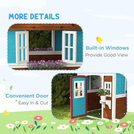 Wooden Kids Playhouse with Doors, Windows, Plant Pots & Boxes for Ages 3-8 - Dark Brown